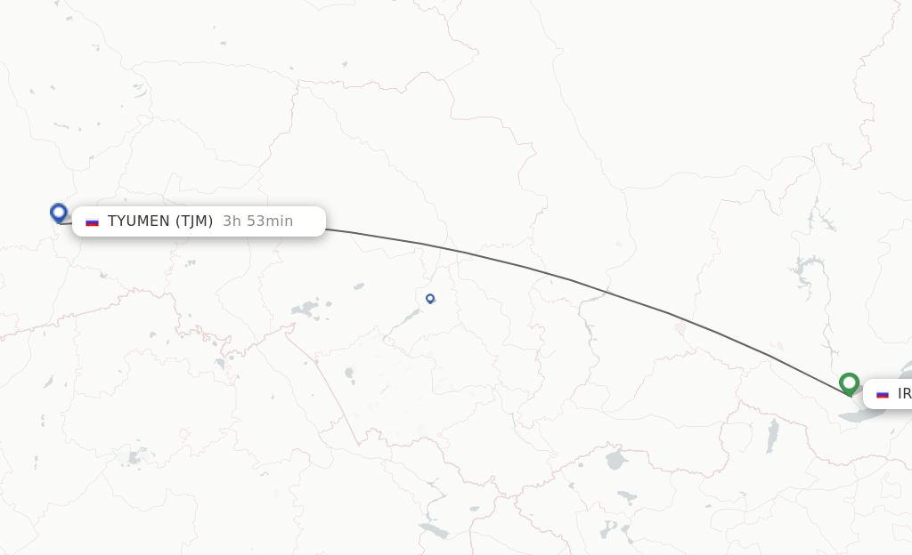 Flights from Irkutsk to Tyumen route map