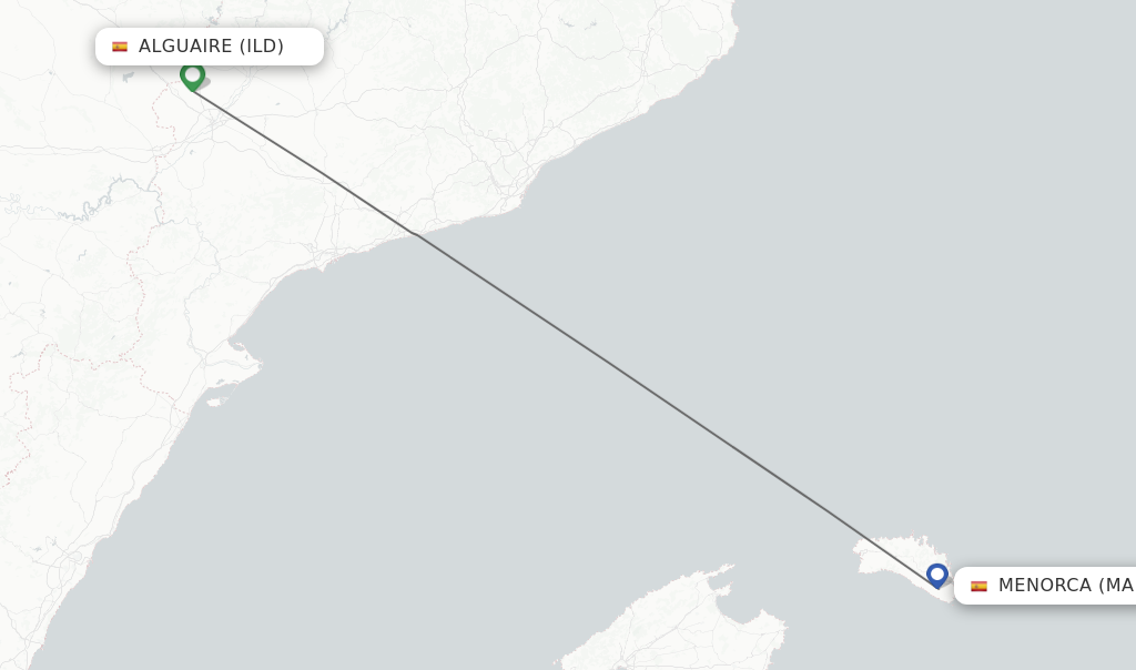 Flights from Alguaire to Menorca route map