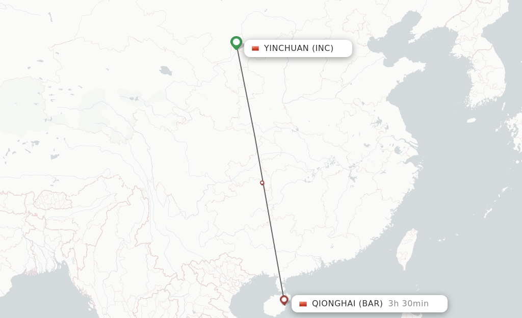 Flights from Yinchuan to Qionghai route map