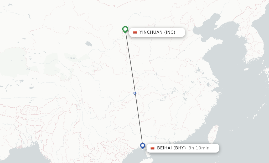 Flights from Yinchuan to Beihai route map