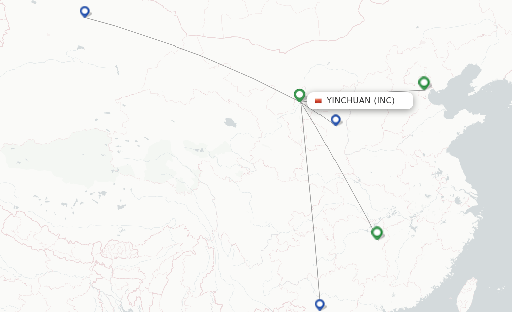 Route map with flights from Yinchuan with OkAir