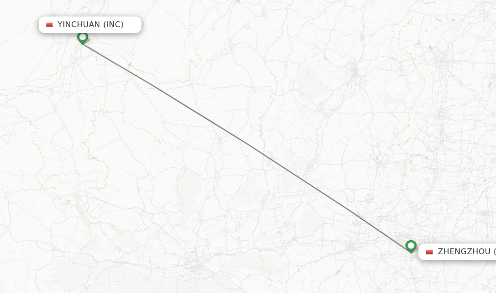 Flights from Yinchuan to Zhengzhou route map