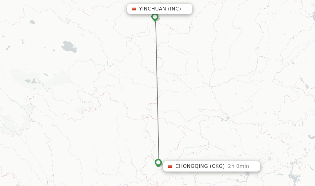Flights from Yinchuan to Chongqing route map