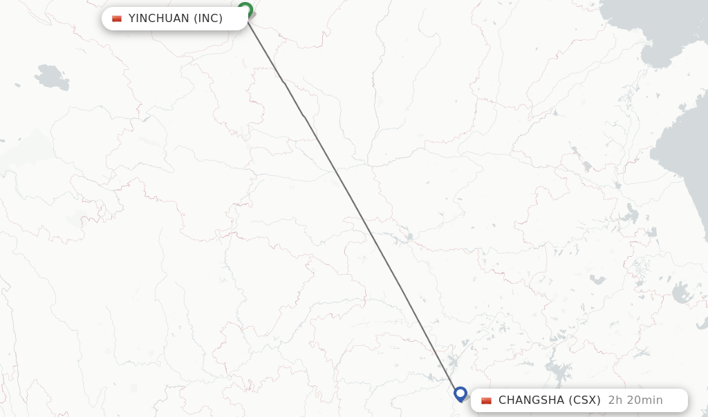 Flights from Yinchuan to Changsha route map