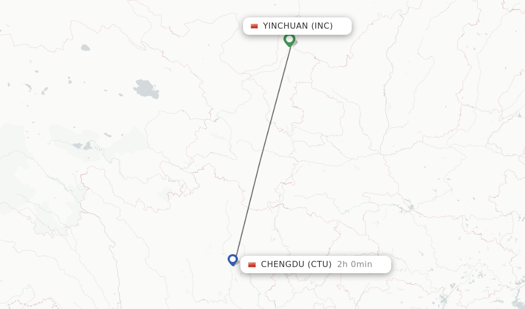 Flights from Yinchuan to Chengdu route map