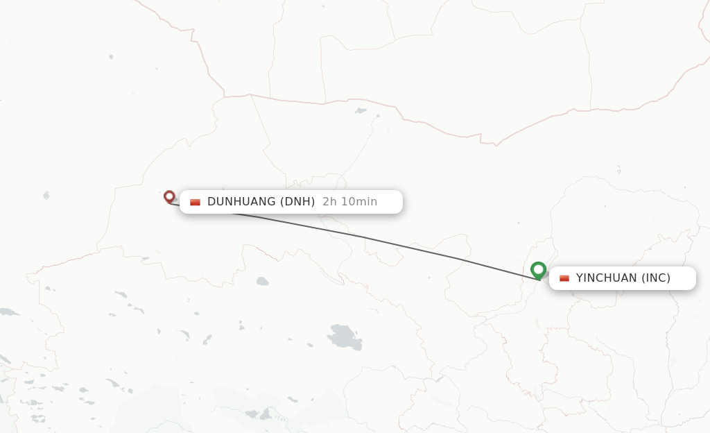 Flights from Yinchuan to Dunhuang route map