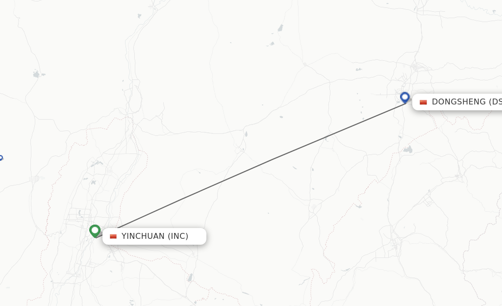 Flights from Yinchuan to Dongsheng route map