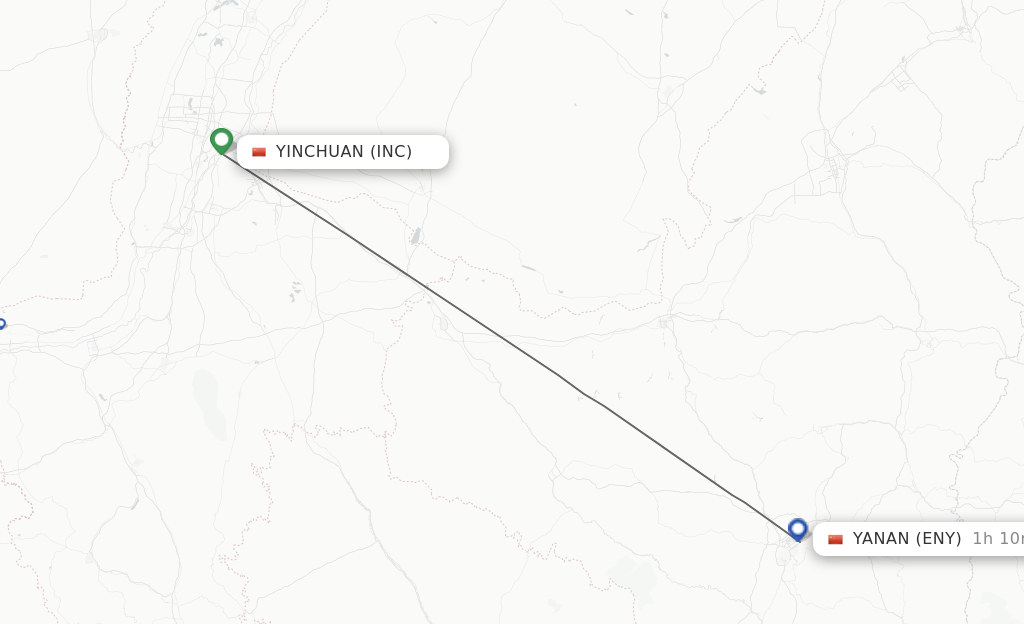 Flights from Yinchuan to Yan'an route map