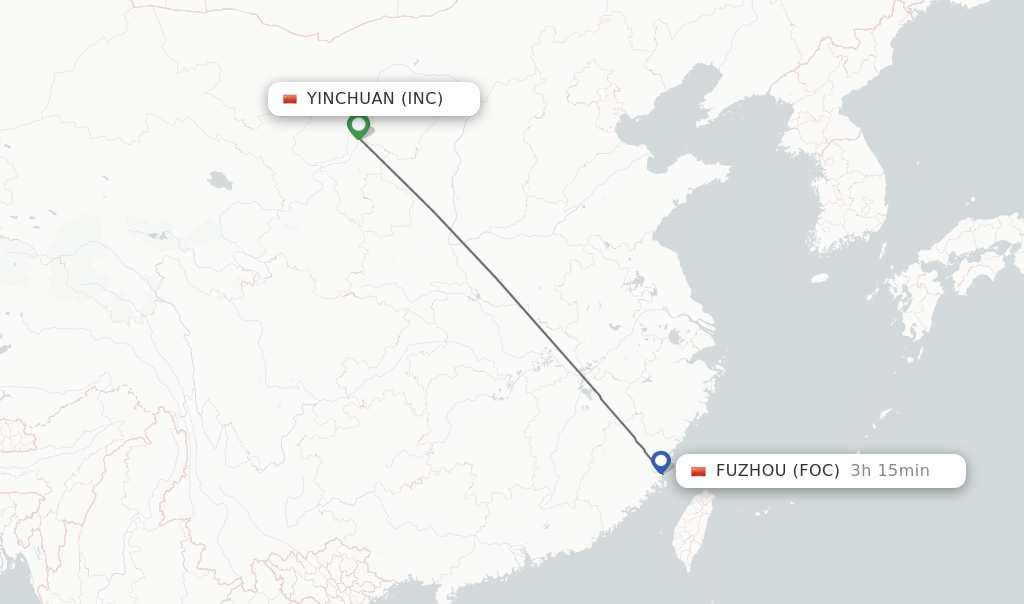 Flights from Yinchuan to Fuzhou route map