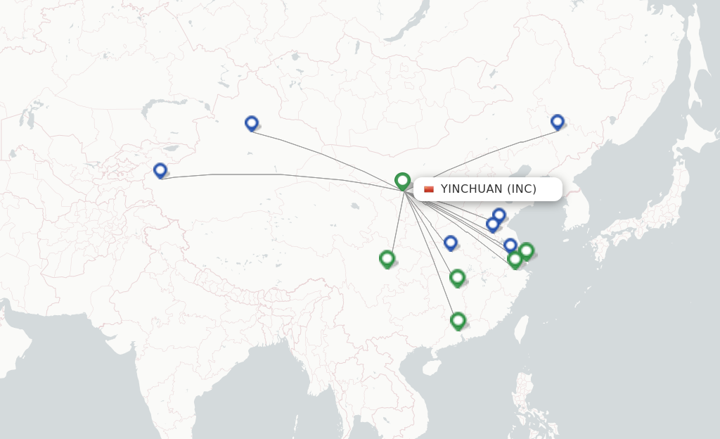 Route map with flights from Yinchuan with Loong Air