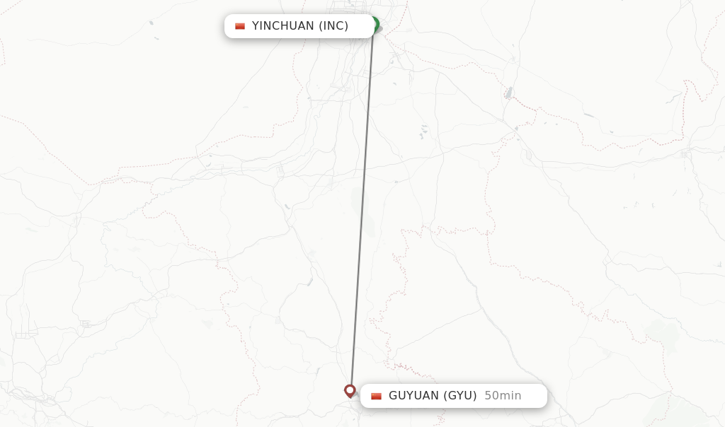 Flights from Yinchuan to Guyuan route map