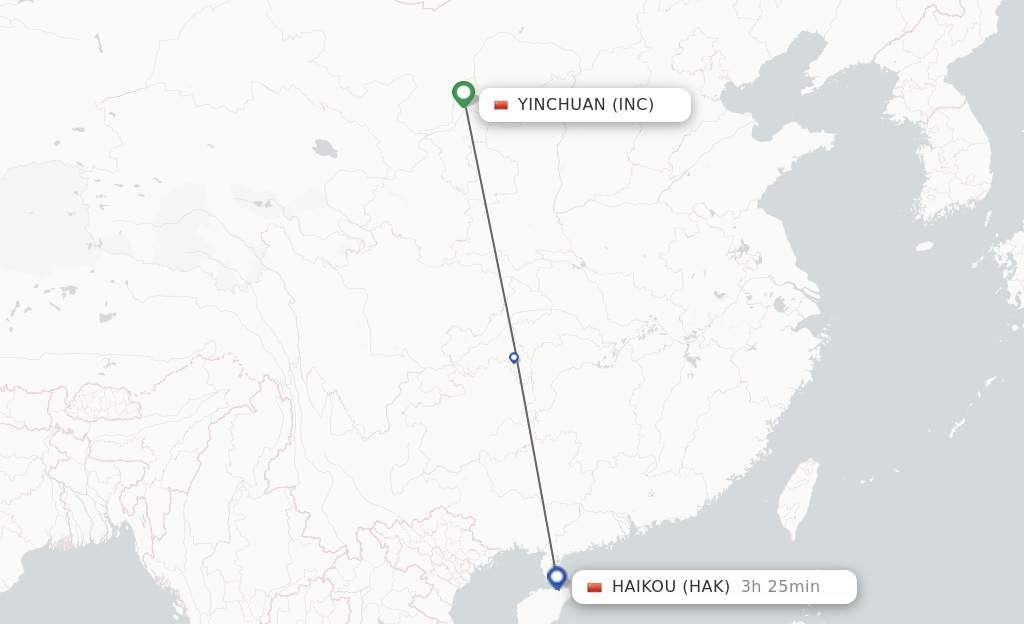 Flights from Yinchuan to Haikou route map