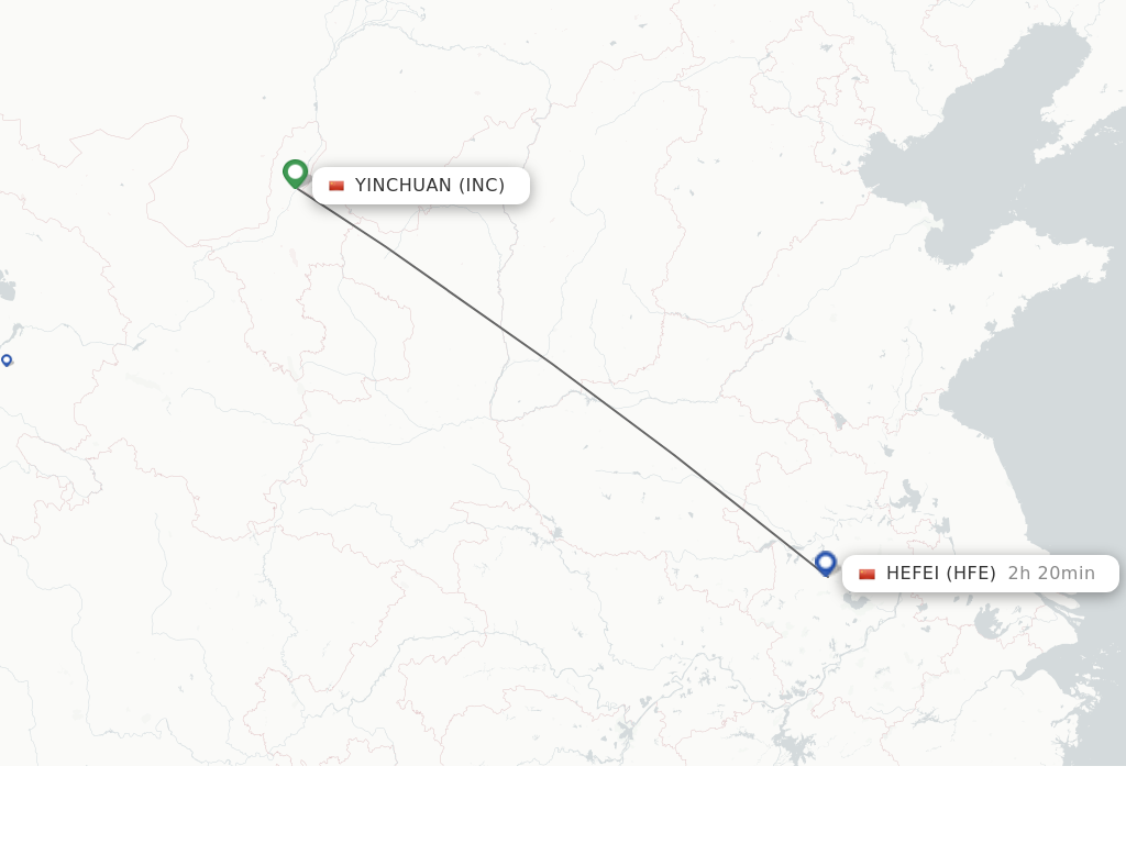 Flights from Yinchuan to Hefei route map