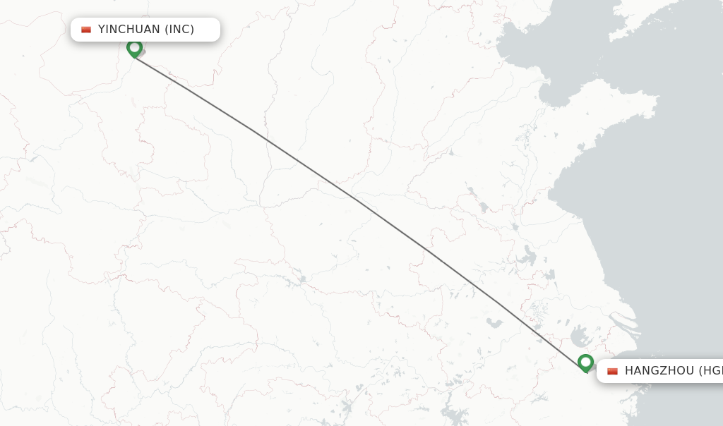 Flights from Yinchuan to Hangzhou route map