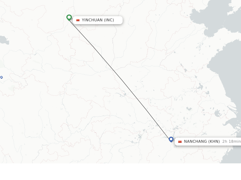 Flights from Yinchuan to Nanchang route map