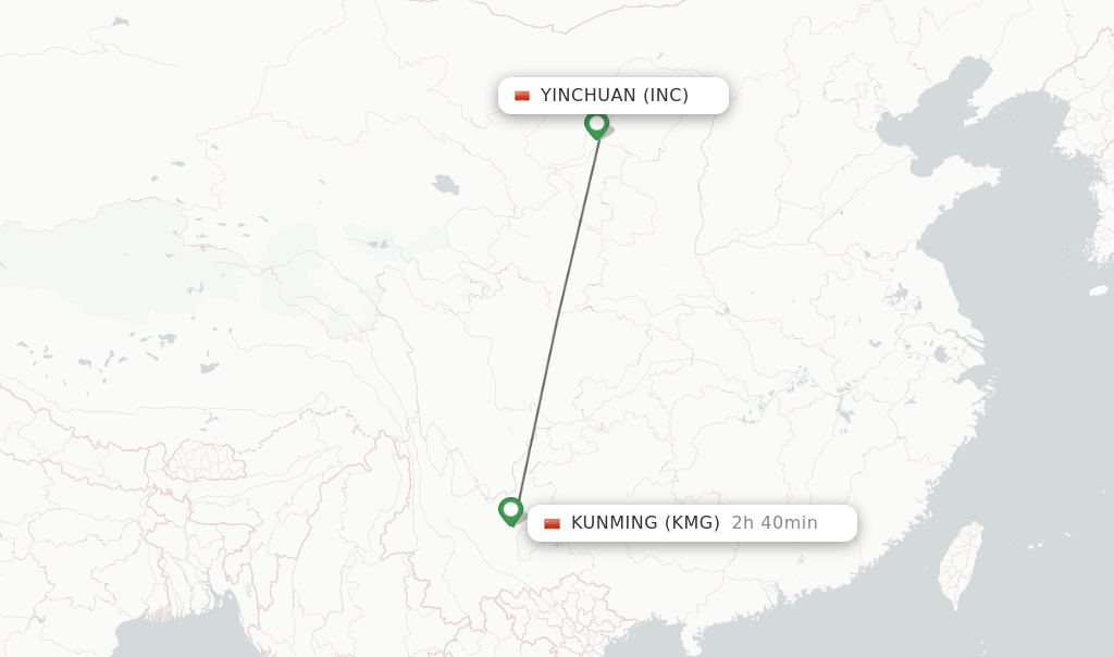 Flights from Yinchuan to Kunming route map