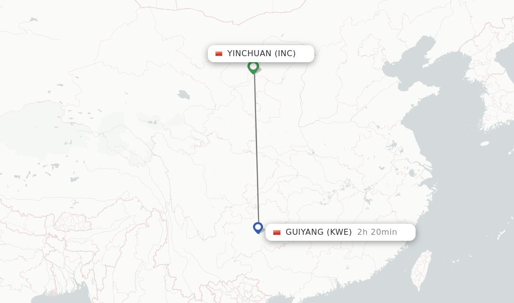 Flights from Yinchuan to Guiyang route map