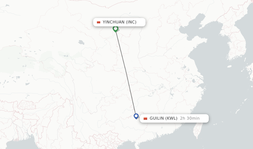 Flights from Yinchuan to Guilin route map