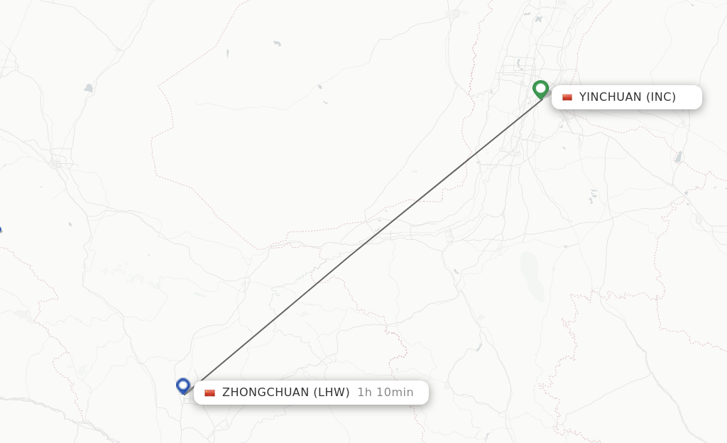 Flights from Yinchuan to Lanzhou route map