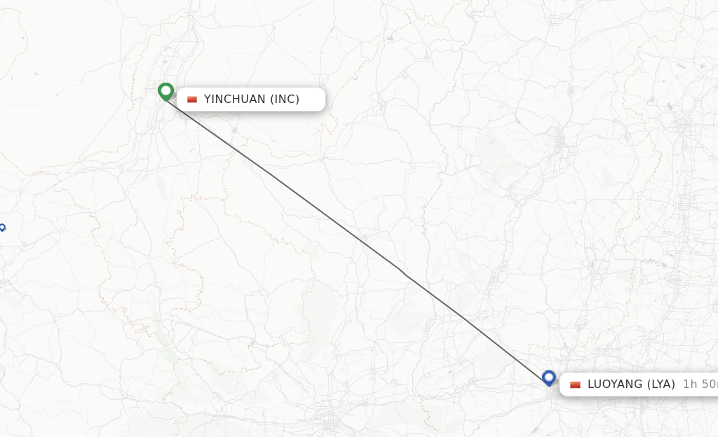 Flights from Yinchuan to Luoyang route map