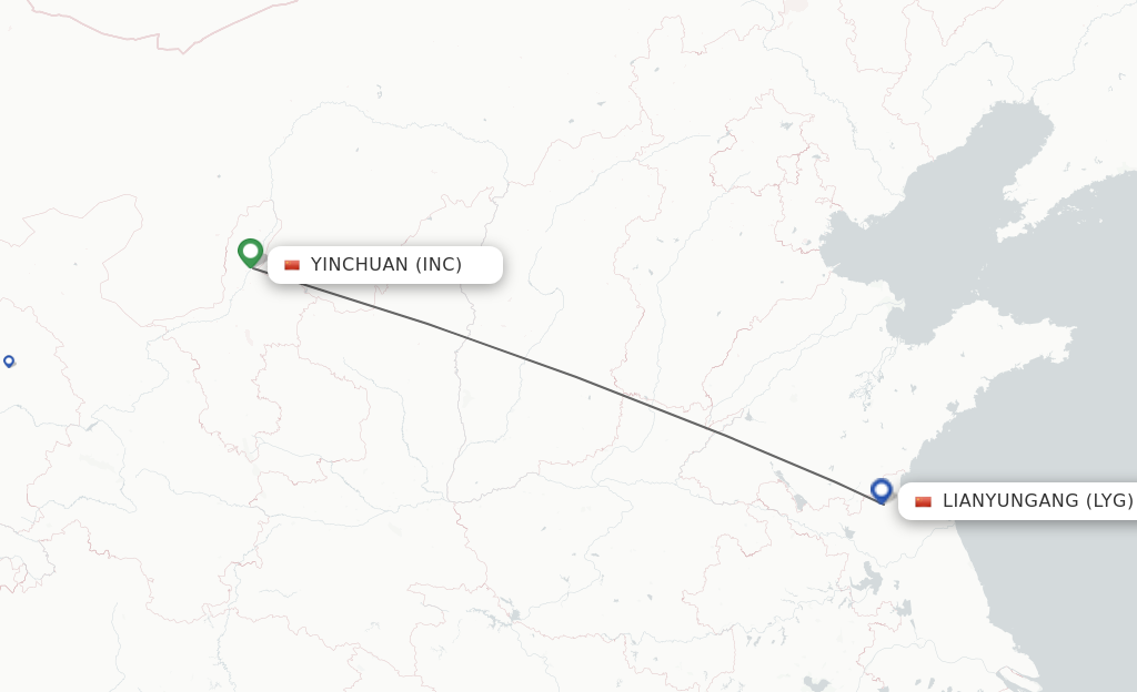 Flights from Yinchuan to Lianyungang route map