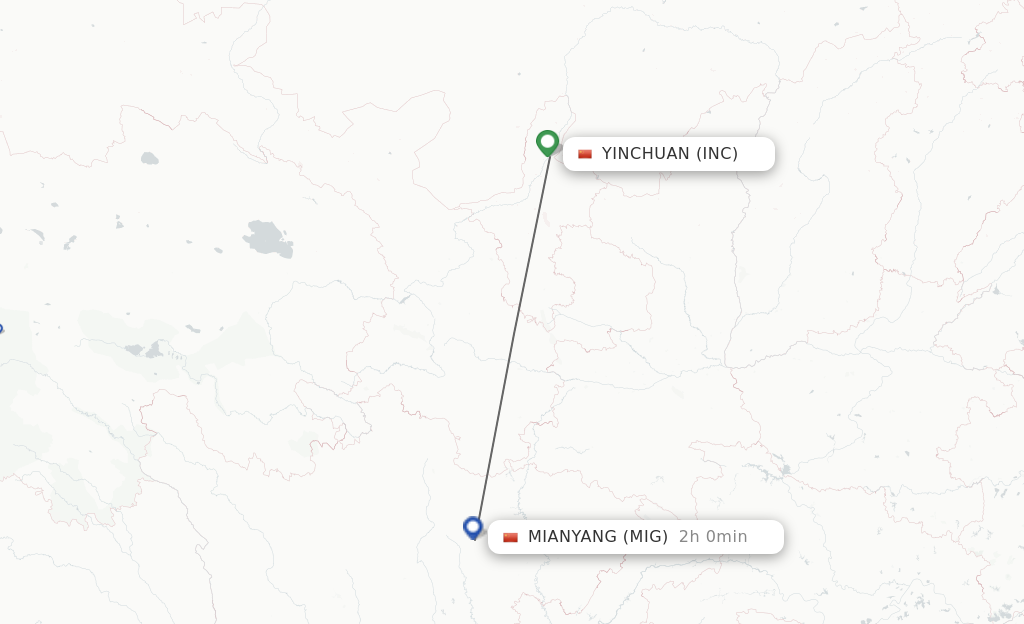 Flights from Yinchuan to Mian Yang route map