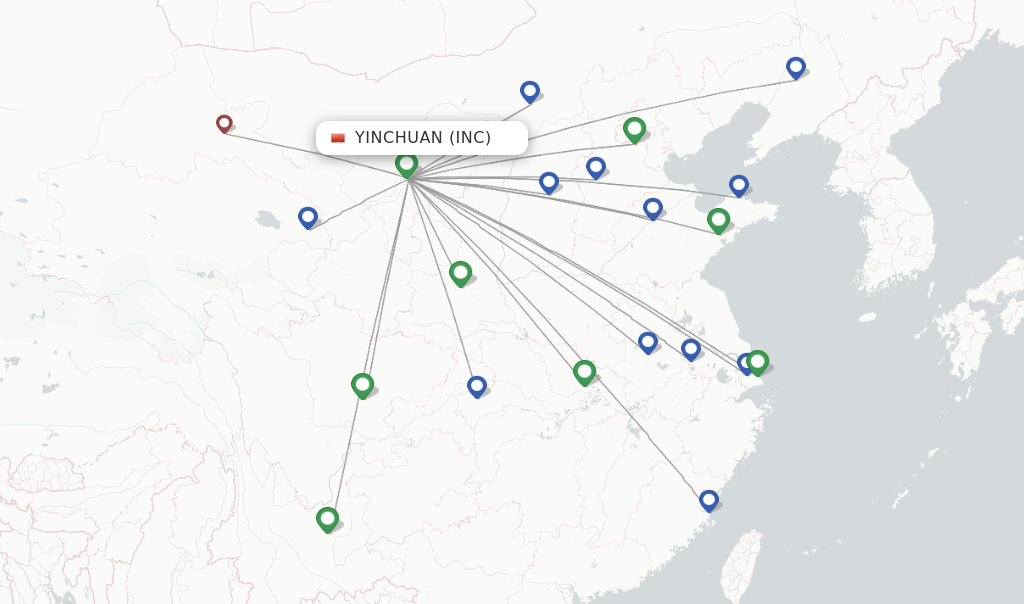 Route map with flights from Yinchuan with China Eastern