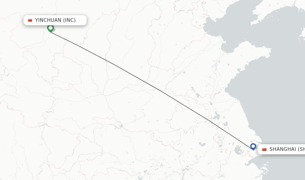Flights from Yinchuan to Shanghai route map