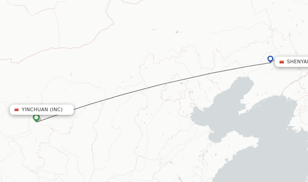 Flights from Yinchuan to Shenyang route map