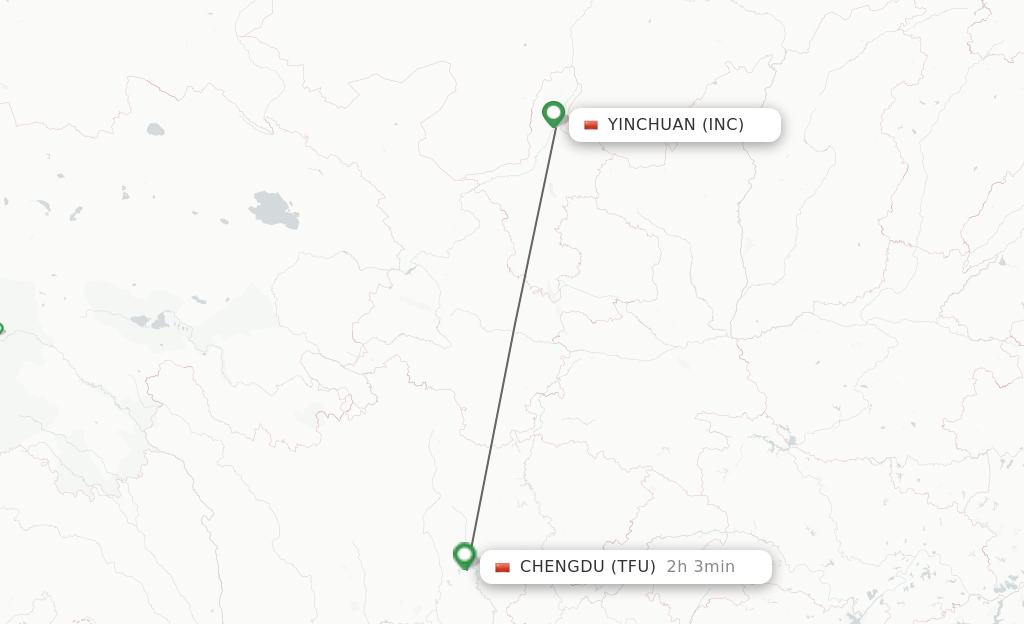 Flights from Yinchuan to Chengdu route map