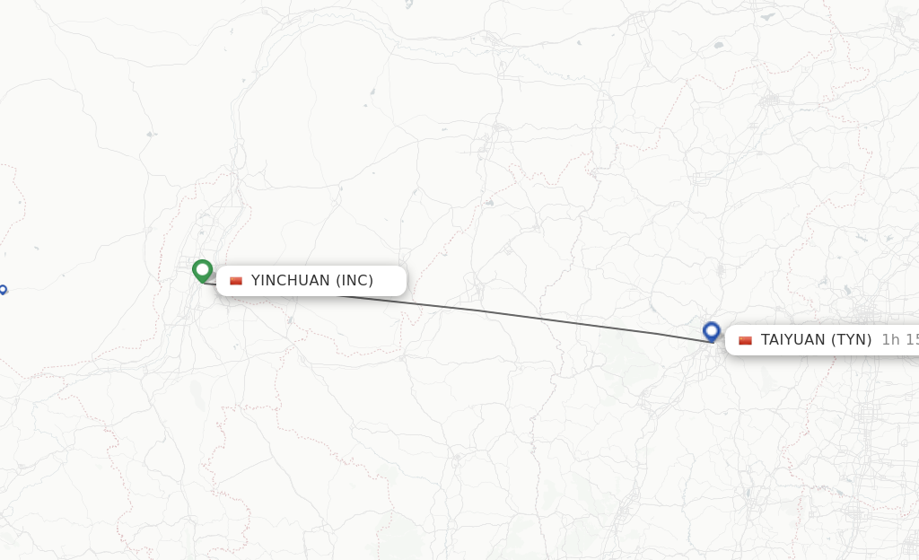 Flights from Yinchuan to Taiyuan route map