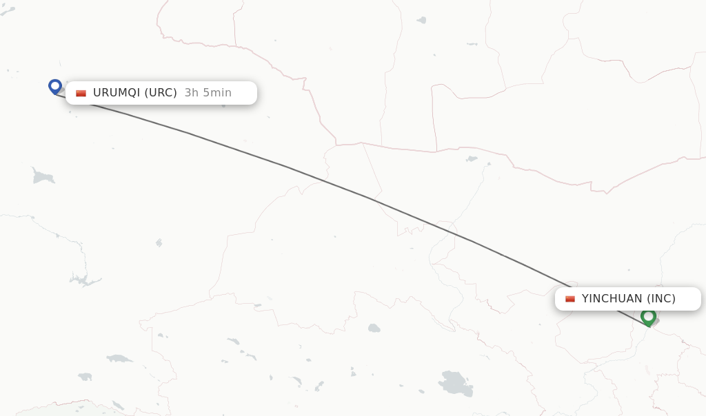 Flights from Yinchuan to Urumqi route map
