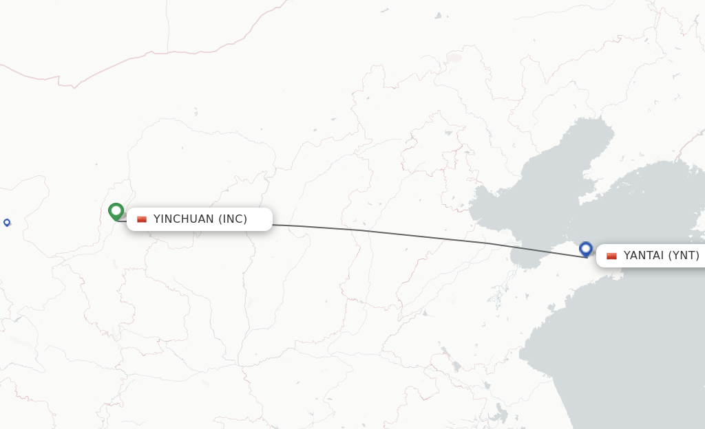 Flights from Yinchuan to Yantai route map