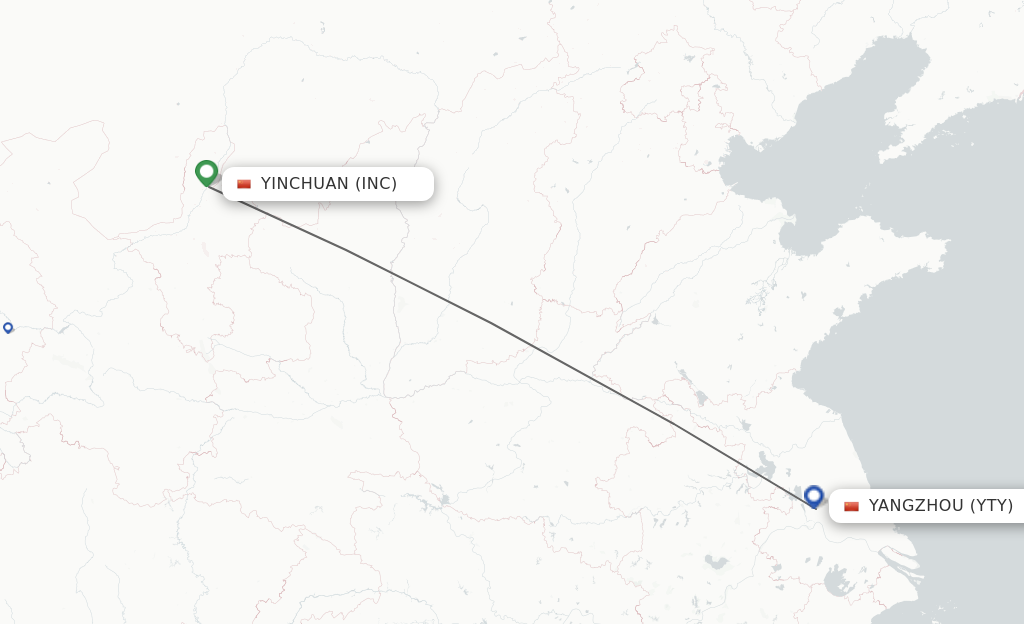Flights from Yinchuan to Yangzhou route map
