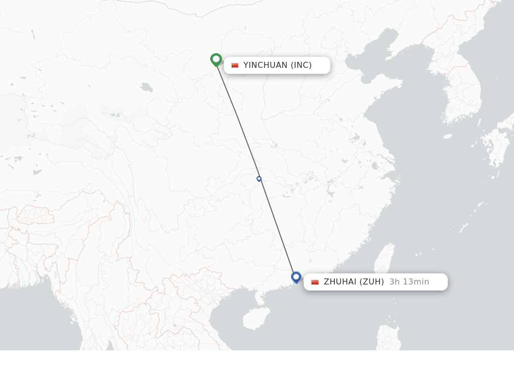 Flights from Yinchuan to Zhuhai route map