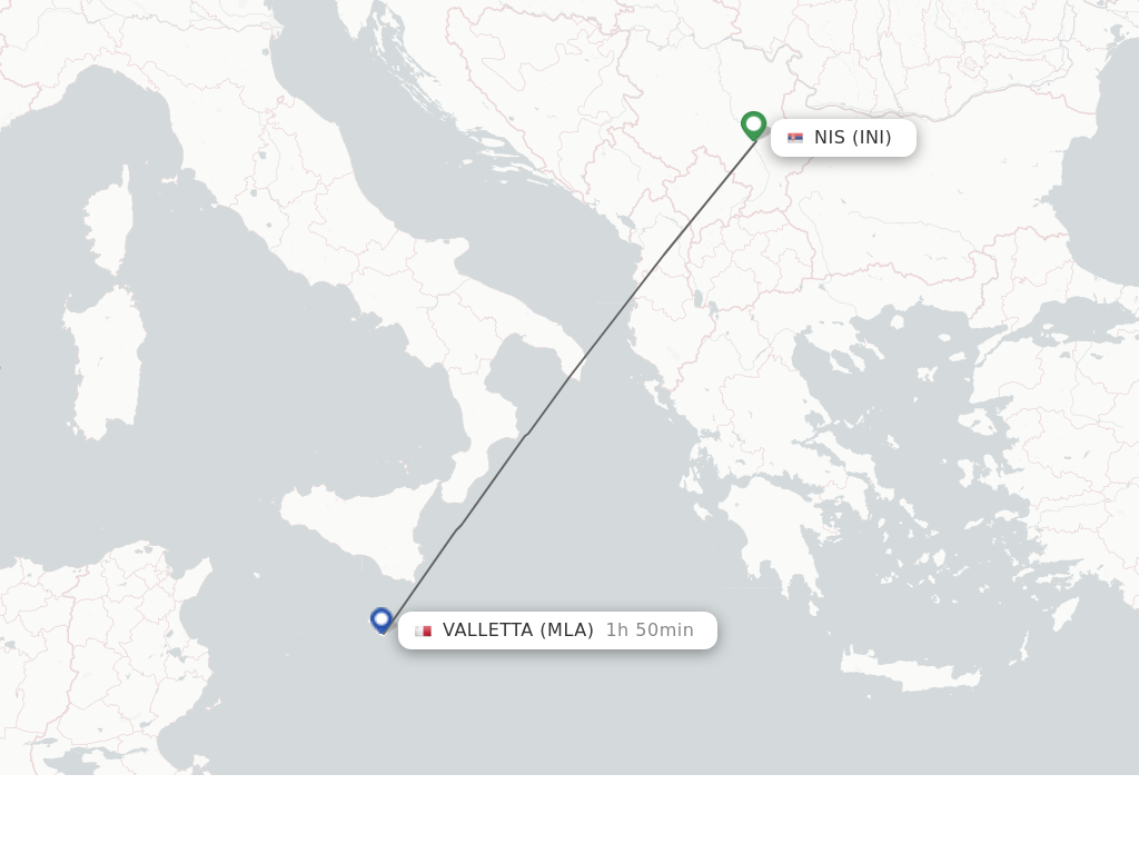 Flights from Nis to Malta route map