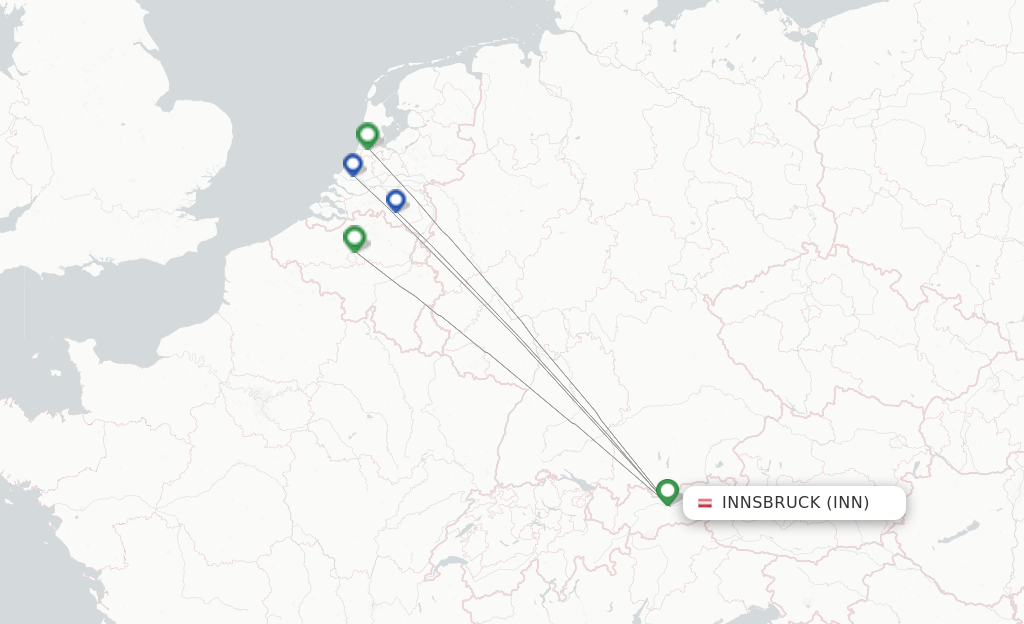 Route map with flights from Innsbruck with Transavia