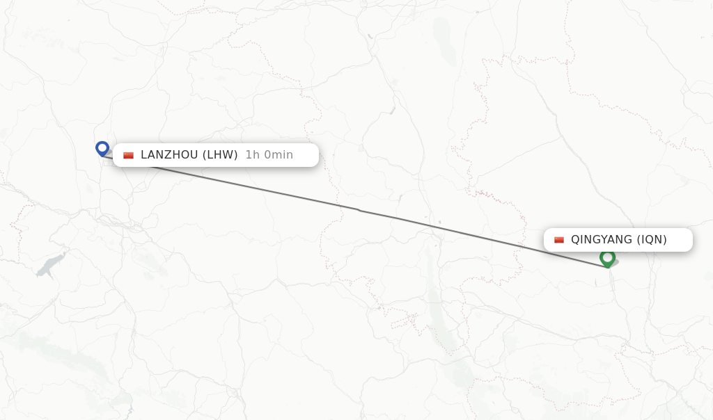 Flights from Qingyang to Lanzhou route map