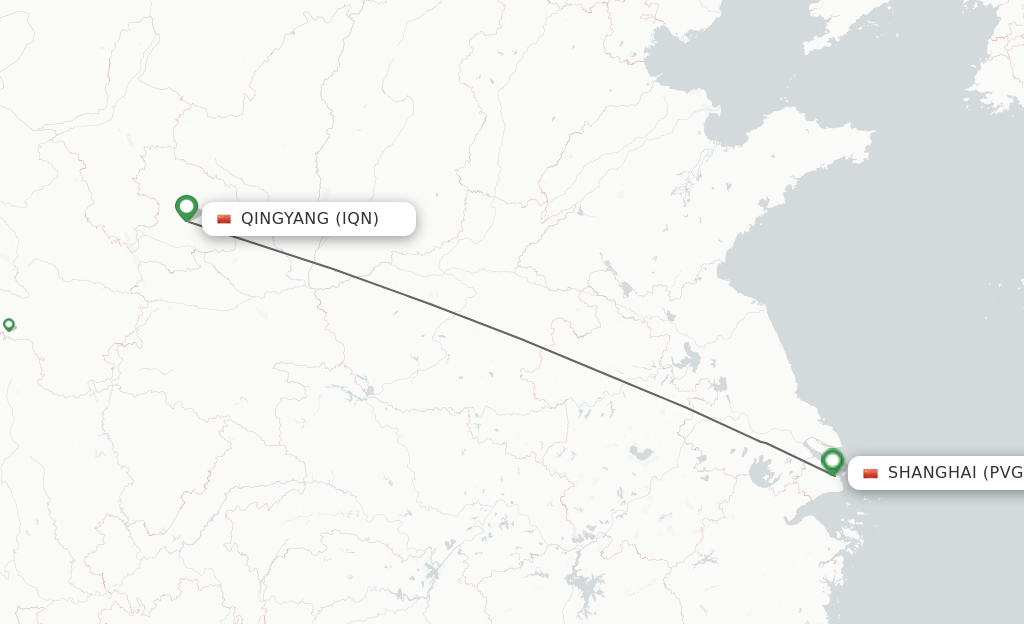 Flights from Qingyang to Shanghai route map