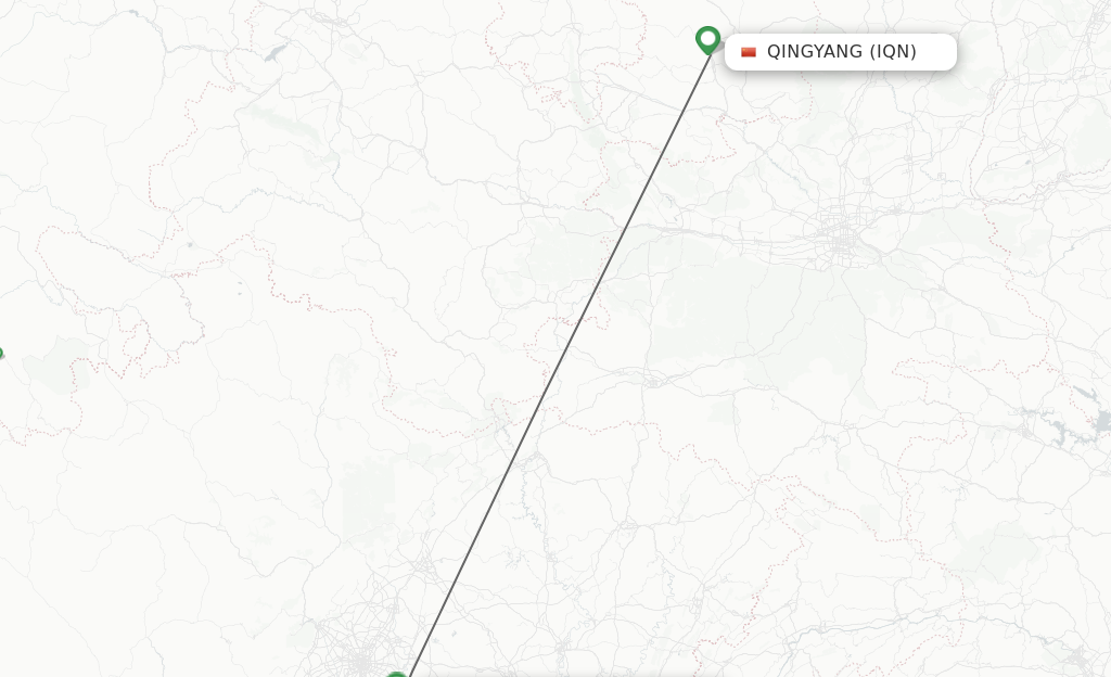 Flights from Qingyang to Chengdu route map