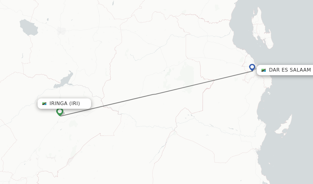 Flights from Iringa to Dar Es Salaam route map