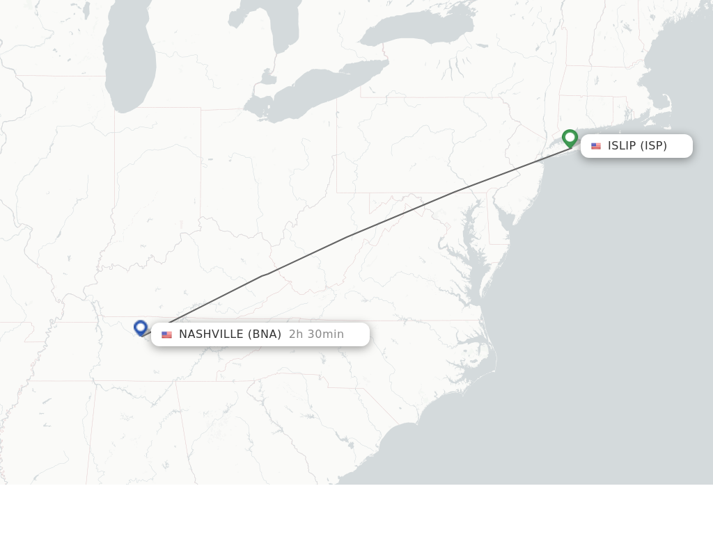 Flights from Islip to Nashville route map