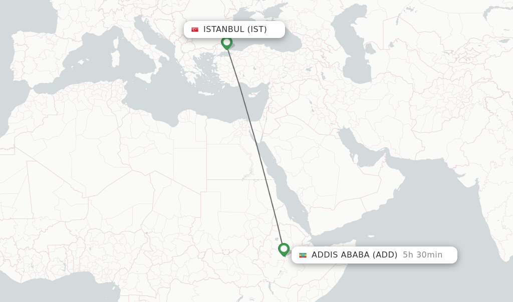 Flights from Istanbul to Addis Ababa route map
