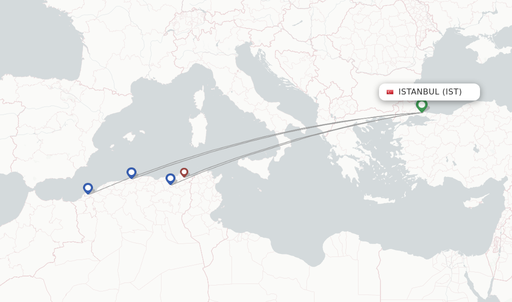 Route map with flights from Istanbul with Air Algerie