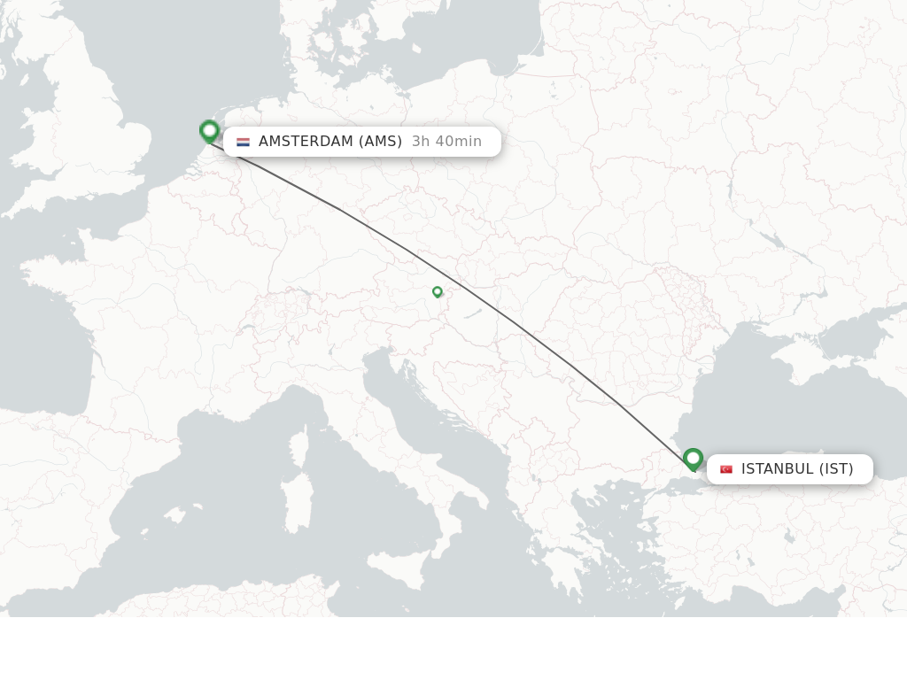 Flights from Istanbul to Amsterdam route map