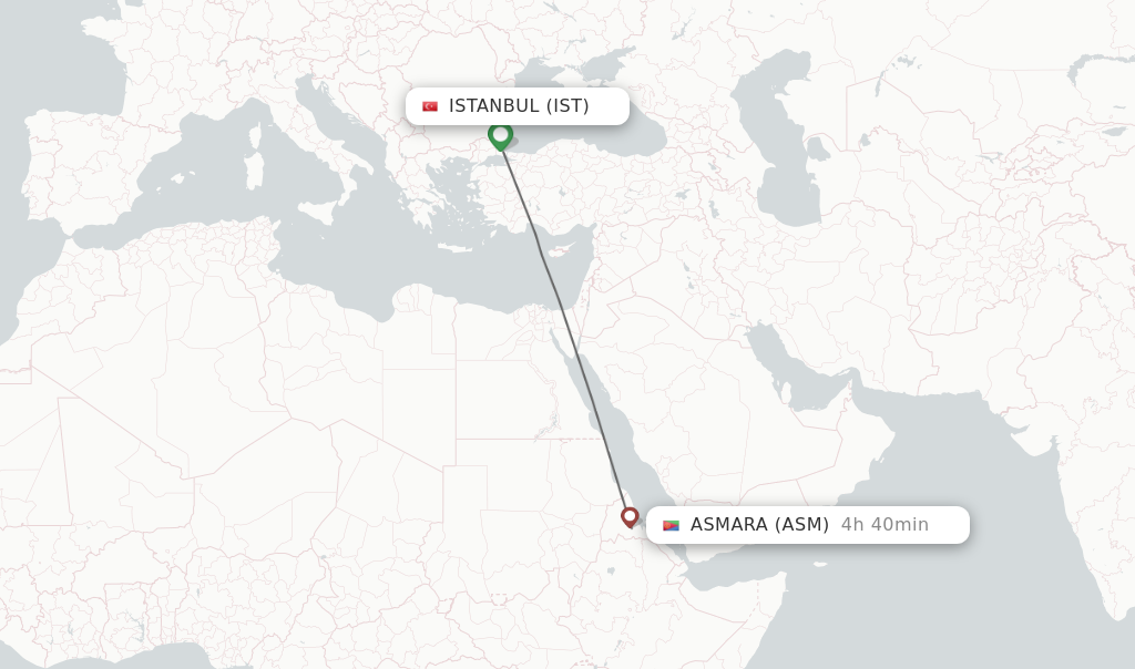 Flights from Istanbul to Asmara route map