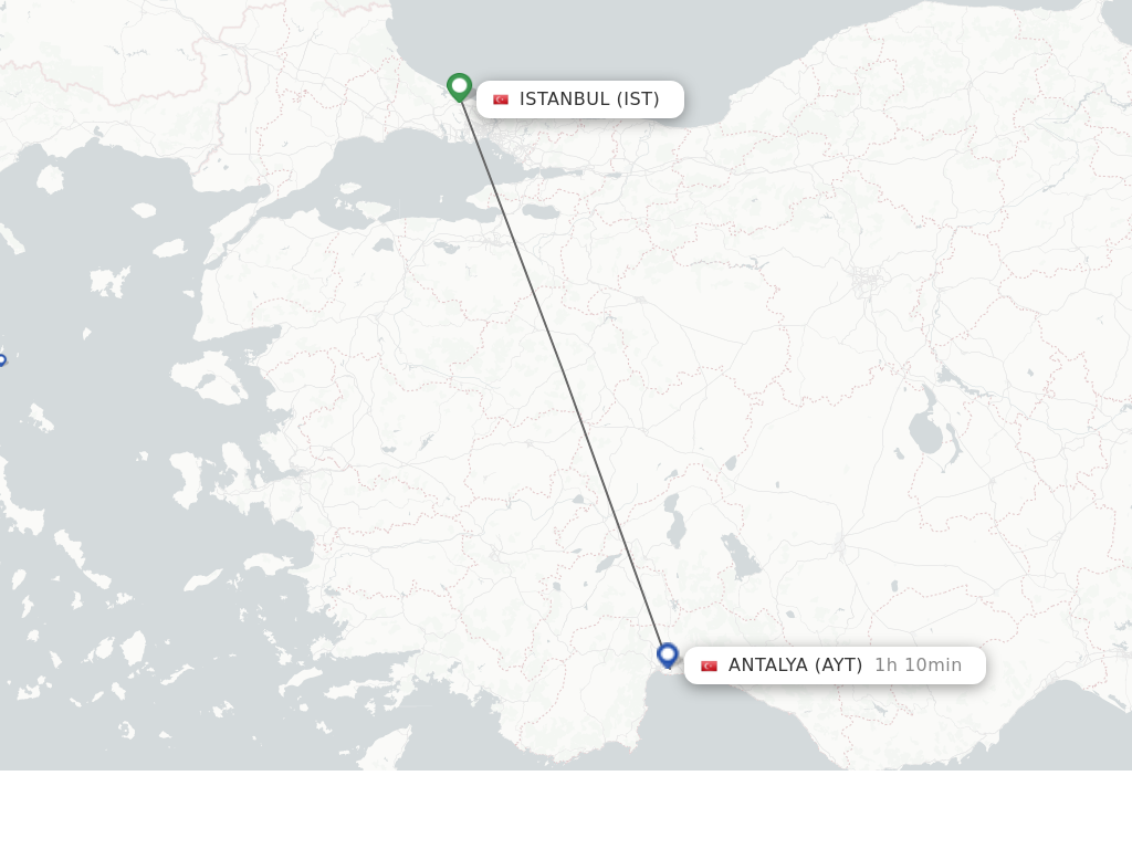 Flights from Istanbul to Antalya route map