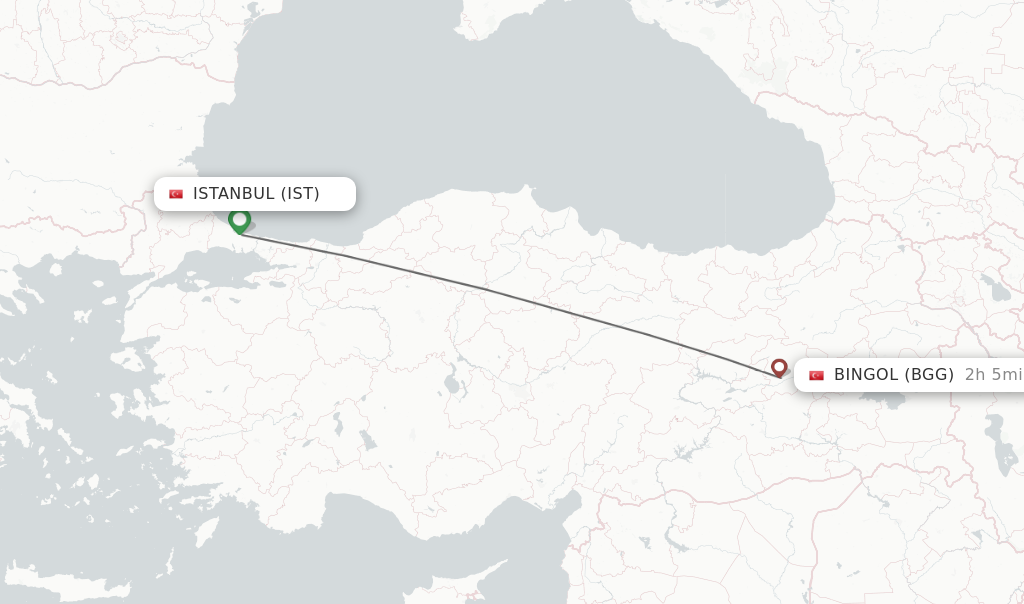 Flights from Istanbul to Bingol route map