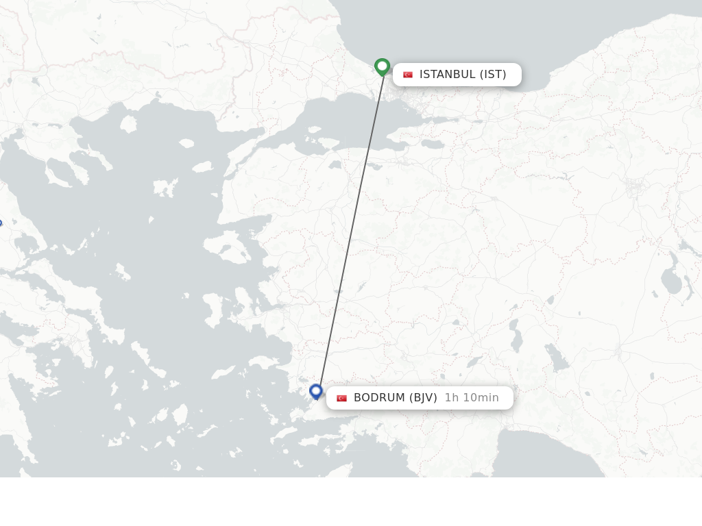 Flights from Istanbul to Bodrum route map