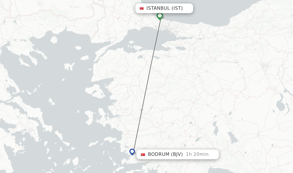 Flights from Istanbul to Bodrum route map